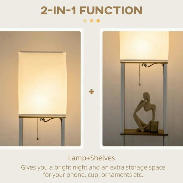 White floor lamp with fabric shade and side pull chain above three shelves