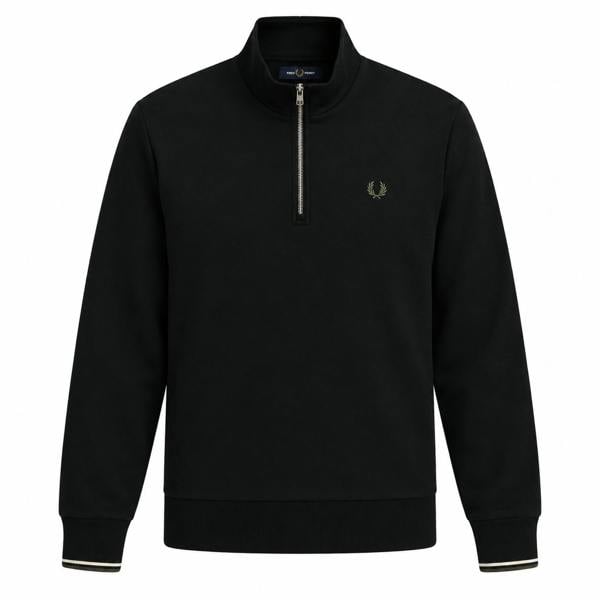 Fred Perry Half Zip Sweatshirt Black/Ecru/Laurel Wreath Green