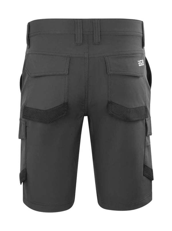 JCB 4-Way Stretch Mens Premium Cargo Work Trade Shorts, dark gray durable cargo shorts with multiple pockets and reinforced patches.