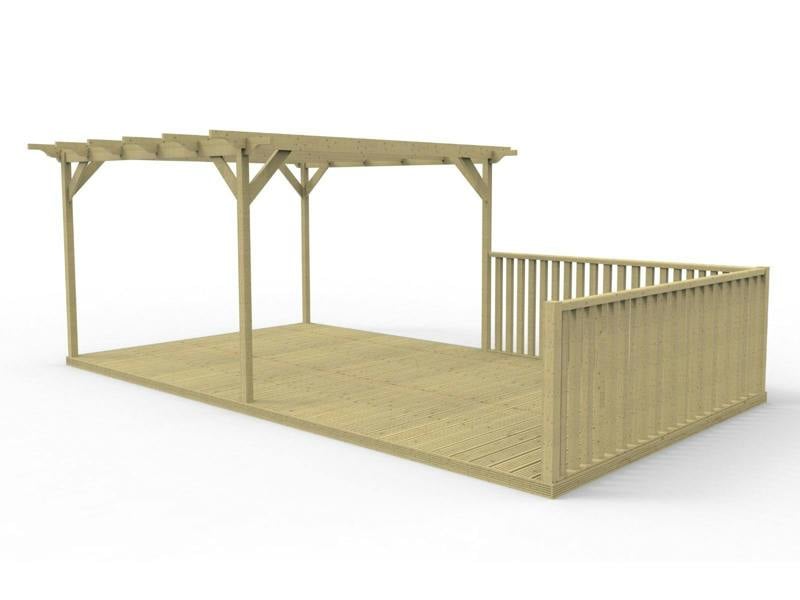 Rectangular pergola and decking kit with balustrade, made from pressure treated timber and high quality pergola posts, featuring a raised wooden deck, vertical slatted balustrade, and an open pergola roof frame.