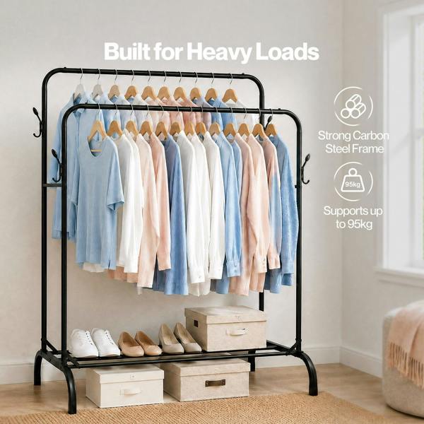 Levede Clothes Rail Heavy Duty 2 Rods Carbon Steel Rack with Shelf Bedroom Black