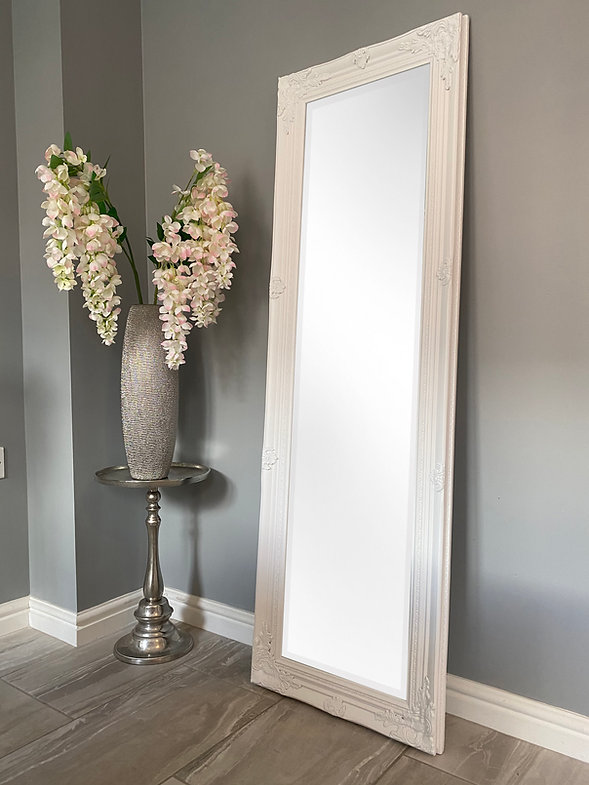 Downton Interiors Antique Style Plain White Tall Ornate Dressing Wall Mirror with Bevelled Glass 142cm