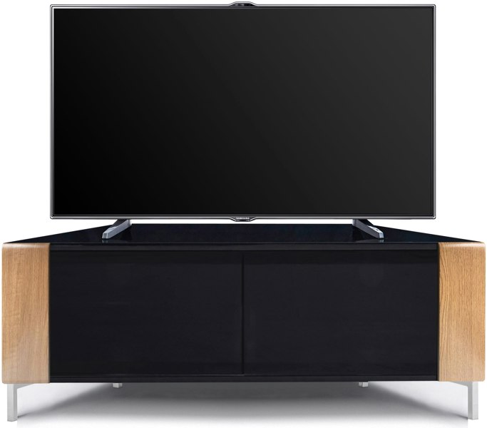 MDA Designs CORVUS Corner-Friendly Gloss Black Contemporary Cabinet with Oak Profiles Black BeamThru Glass Doors for Flat Screen TVs up to 50"