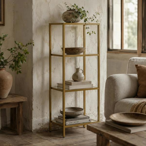 Wyld Haus Nopatti Metal And Glass Gold Tone 4 Tier Vertical Display Shelving Unit