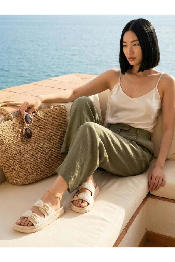 Willow Patterned Buckle Sandals - White