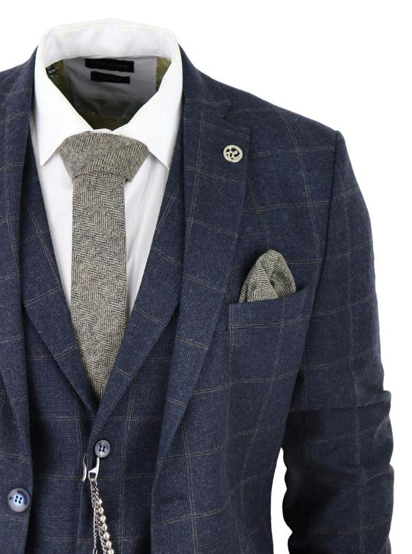 TruClothing Mens 3 Piece Wool Suit Navy Blue Tweed Check Peaky Blinders 1920 Gatsby Formal