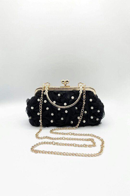 SVNX Lace Floral Clutch Bag with Pearl in Black