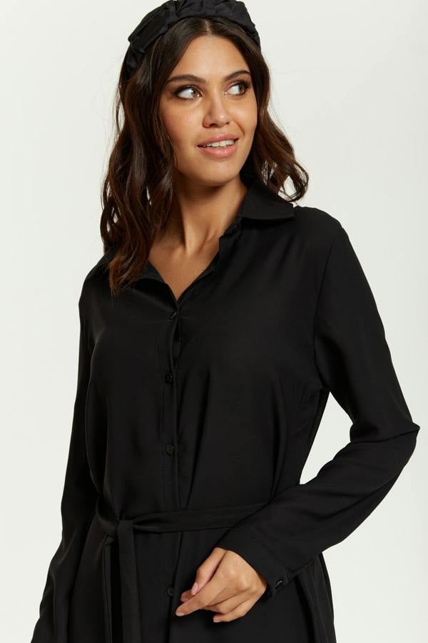 Hoxton Gal Oversized Belt Detailed Shirt Tunic with Long Sleeves in Black