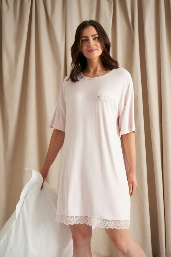 Pretty You London Women's Bamboo Lace Tee Dress in Powder Puff