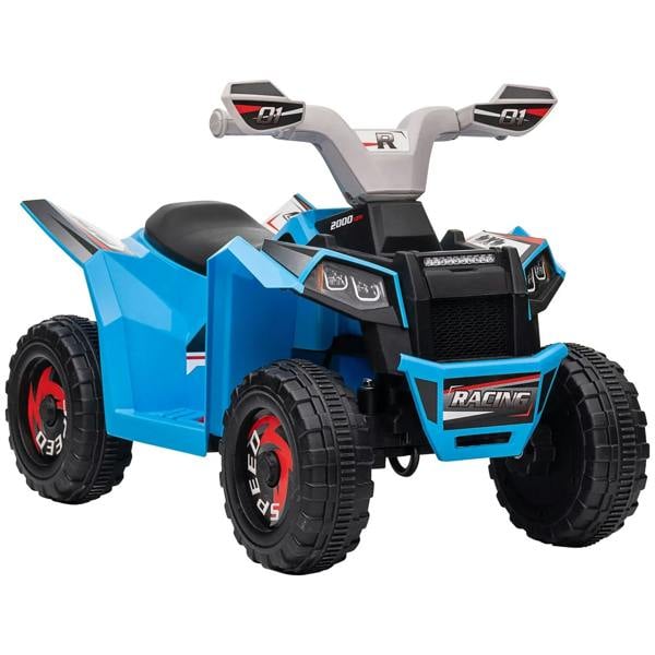 Blue ride-on quad bike with black seat and tread tires, handlebar controls visible