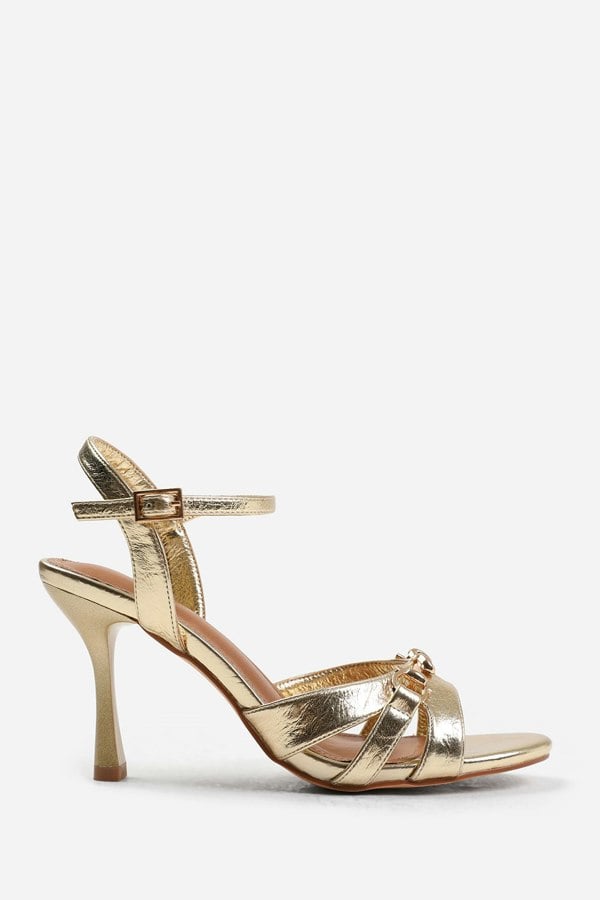 Where's That From Harriet Wide Fit Mid Heels With Metal Detailing in Gold Crease Faux Leather