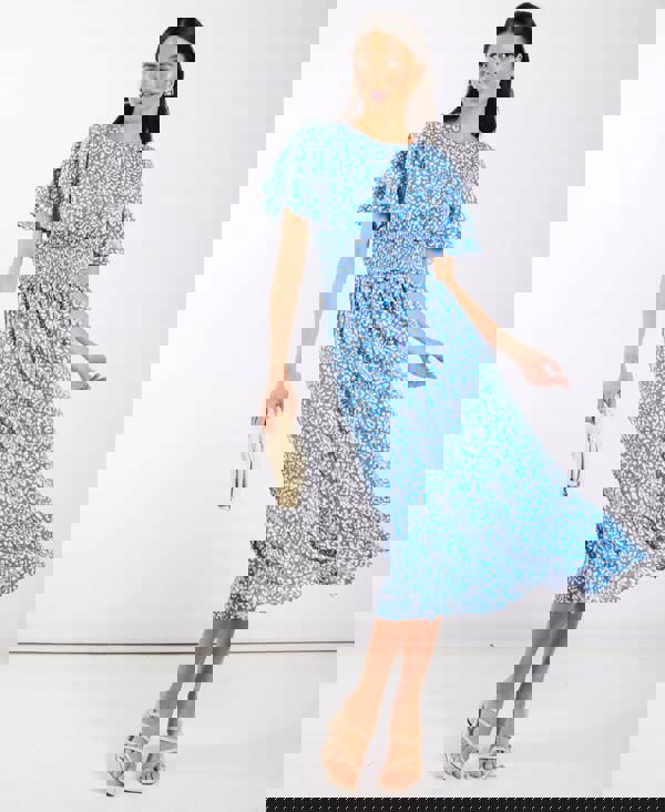 Blue Animal Smock Waisted Midi Dress