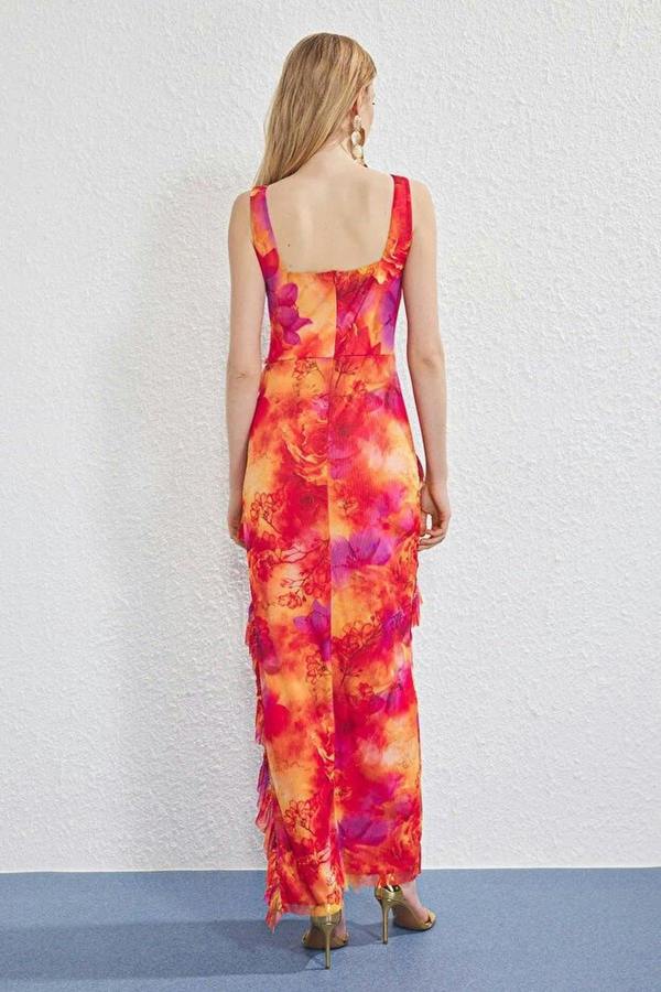 WOVCOR Tulle Lined Maxi Evening Dress with Ruffle Detail