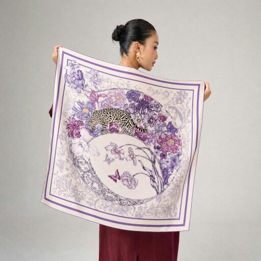 Lilac & Violet Leopard Twill Silk Scarf – Printed Mulberry Silk, Gift for Her