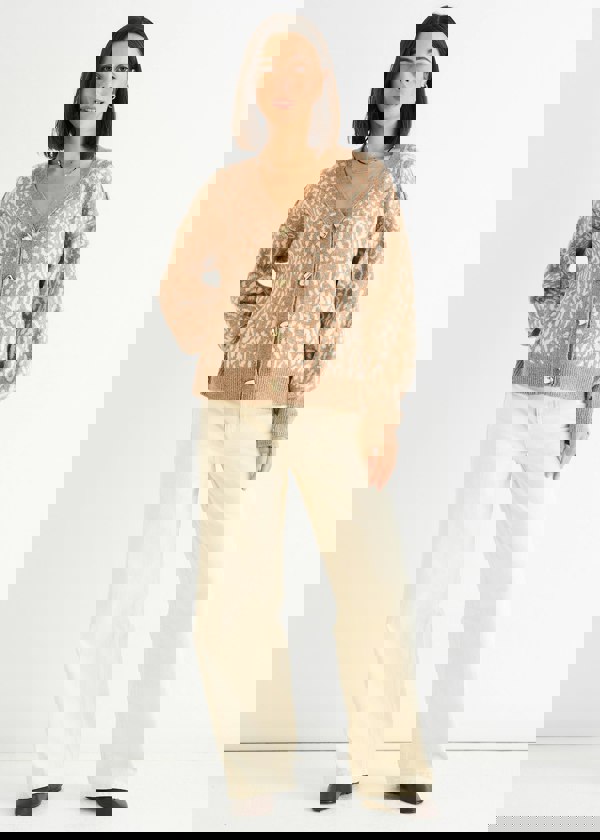 Gini London Camel Animal Print Wool Mix Cardigan Look Jumper