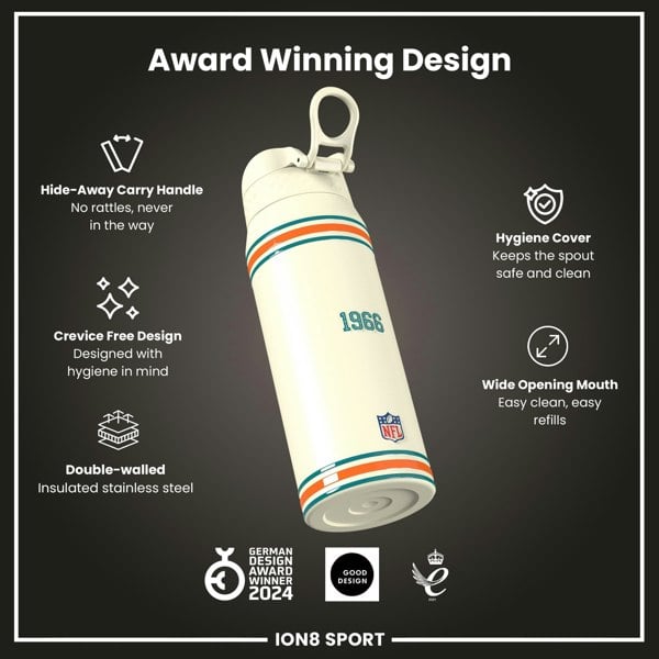 ION8 NFL x ION8 Insulated Steel Water Bottle, NFL Dolphins, 750ml (24oz)