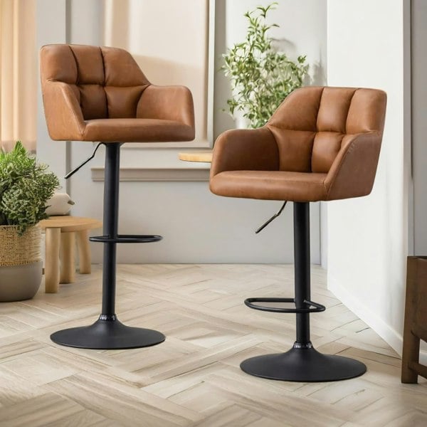 Rafaelo Mobilia 2PC Height Adjustable 360 PU Leather Swivel Bar Stools Set With Armrest Brown