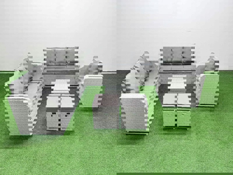 Fimous 9 Seater Poly Rattan Outdoor Garden Furniture Square Coffee Table Sofa Set Patio 3 Seater Sofa Reclining Chair 3 Seater Sofa Stools Light Grey