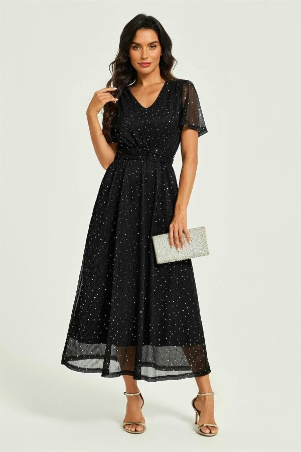 FS Collection Silver Sequin Pleated Ruched Waist Midi Dress Black