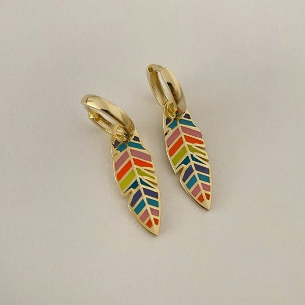 Spero London Feather Leaves Rainbow Enamel Hoop Earrings