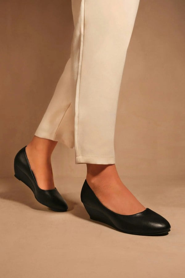 Where's That From Kieran Wide Fit Platform Low Wedge Mid Heel Court Shoes in Black Faux Leather