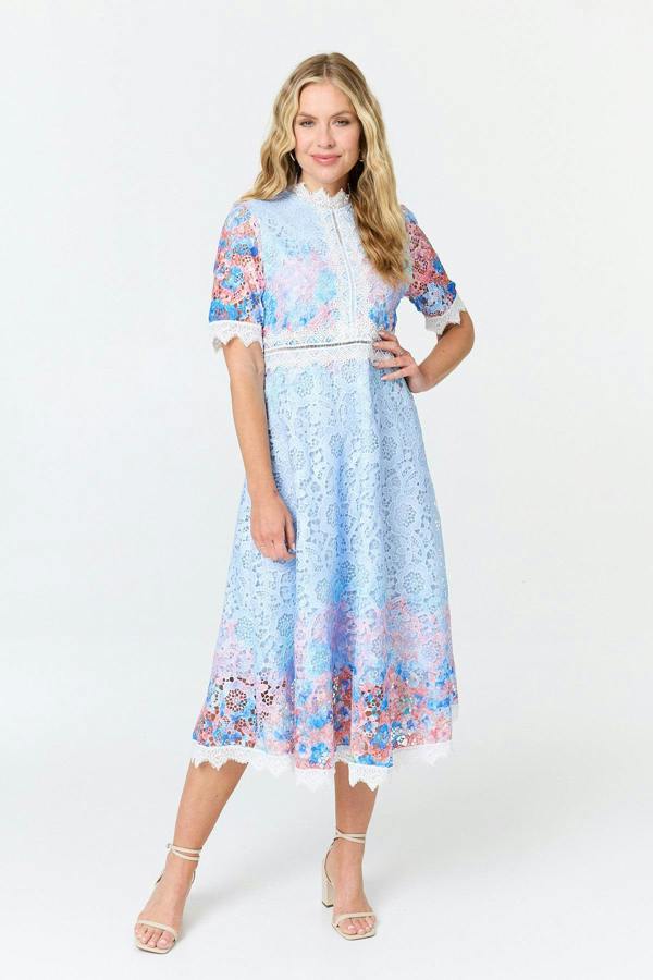 Blue | Floral Lace Trim 1/2 Sleeve Midi Dress