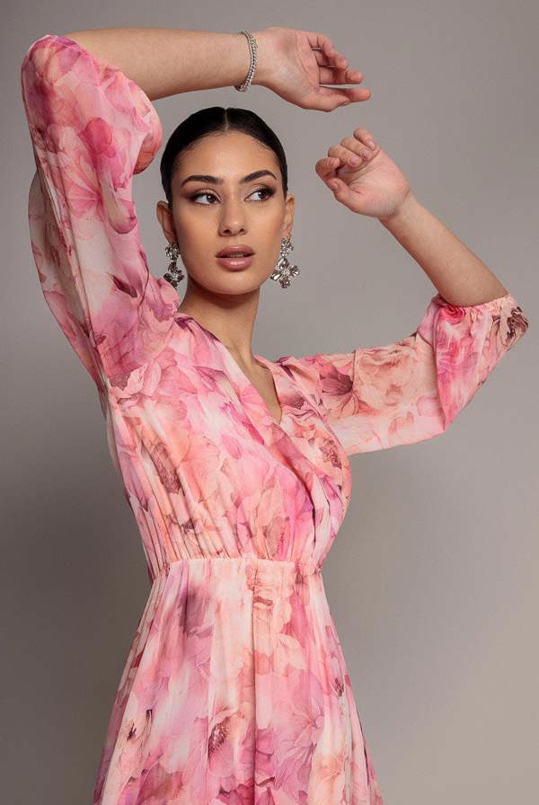 Floral Print Wrap A Line Midi Dress - Blush Pink DR5131