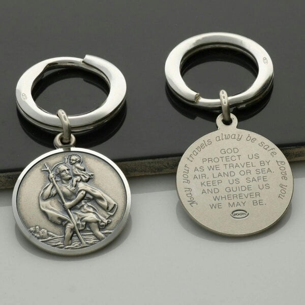 Christopher James of London Antique Finish Sterling Silver 24mm St Christopher Keyring With Travellers Prayer and Optional Engraving