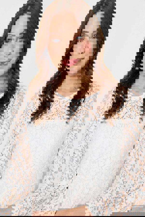 White | Semi Sheer Lace Layered 3/4 Sleeve Top