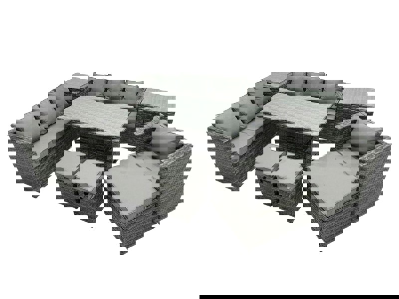 Fimous PE Rattan Garden Furniture Set Lounge Sofa Rising Dining Table Set with 2 Side Tables 3 Footstool Dark Grey Mixed