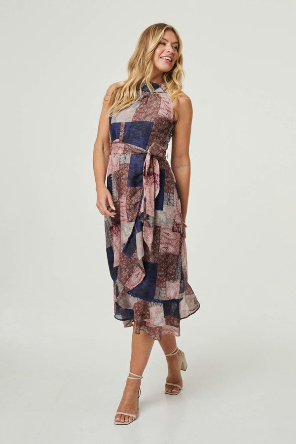 Navy | Patchwork Sleeveless Midi Wrap Dress