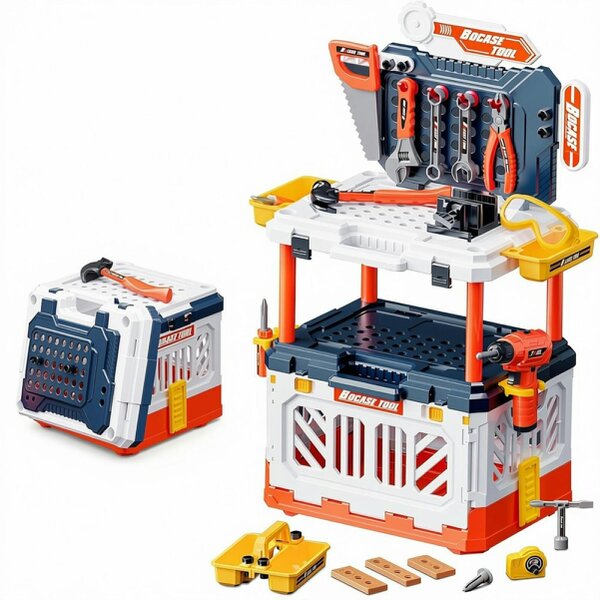 deAO Toys 4-in-1 Kids Portable Workbench – 90-Piece Transformable Tool Bench with Suitcase & Role Play Accessories