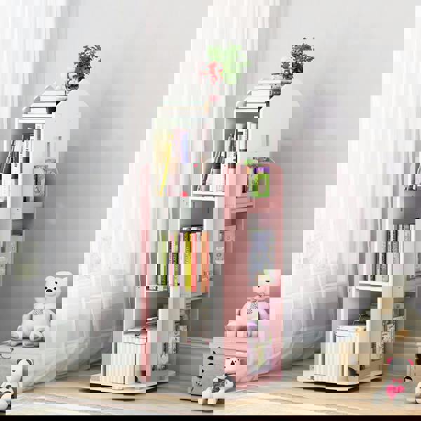 Living and Home House Frame Rotating Bookshelf Storage Rack - Pink