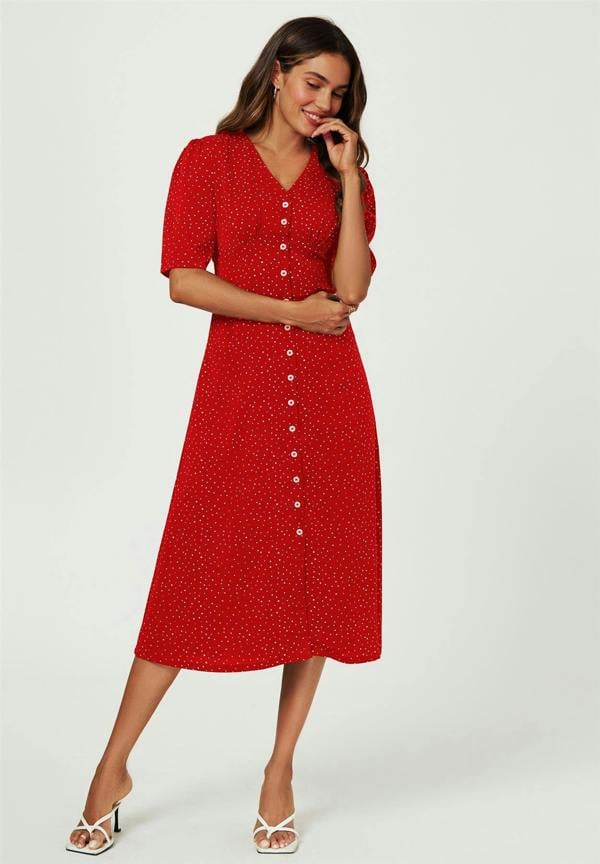 FS Collection Dot Print Button Front Midi Dress In Red