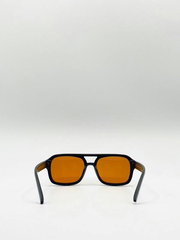 70's Navigator Sunglasses In Black With Orange Lenses - svnx