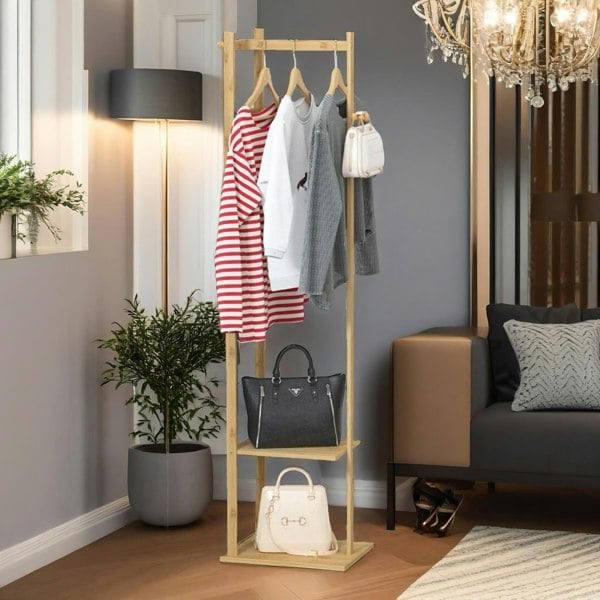 Rafaelo Mobilia Narrow Bamboo Clothes Rail With 2 Shelves