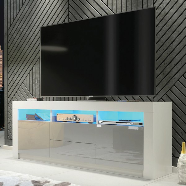 Mex Furniture Spacious 160cm TV Unit & Sideboard Cabinet with Grey High Gloss Doors and Free LED