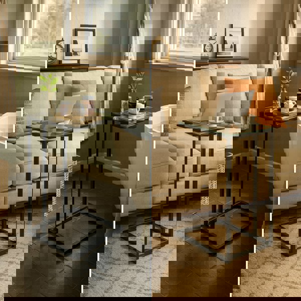 Storvo Tempered Glass C Shape Metal Side Table Black