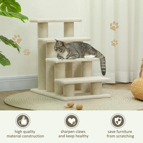 Cream 4-step pet stairs with soft plush surface and padded step platforms