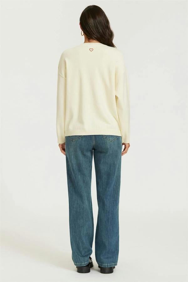 FS Collection Heart Embroidered Knit Jumper Top In Cream