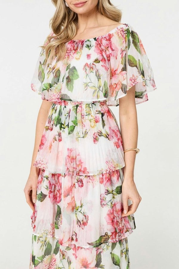 White | Floral Tiered Pleated Midi Dress
