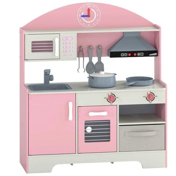 Bobobiy Kids Play Kitchen with Lights & Sounds, Pretend Play Toy set with Fabric Drawer, 5-Piece Accessories for 3-6 Years, Pink