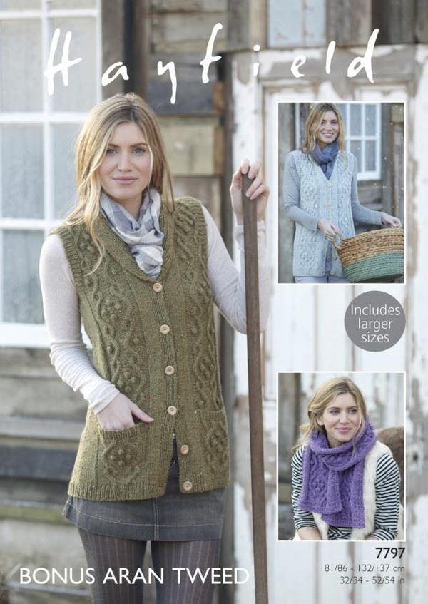 Hayfield Bonus Aran Knitting Pattern 7797, Waistcoats, Scarves for Women, 32/34-52/54 inch - Advanced