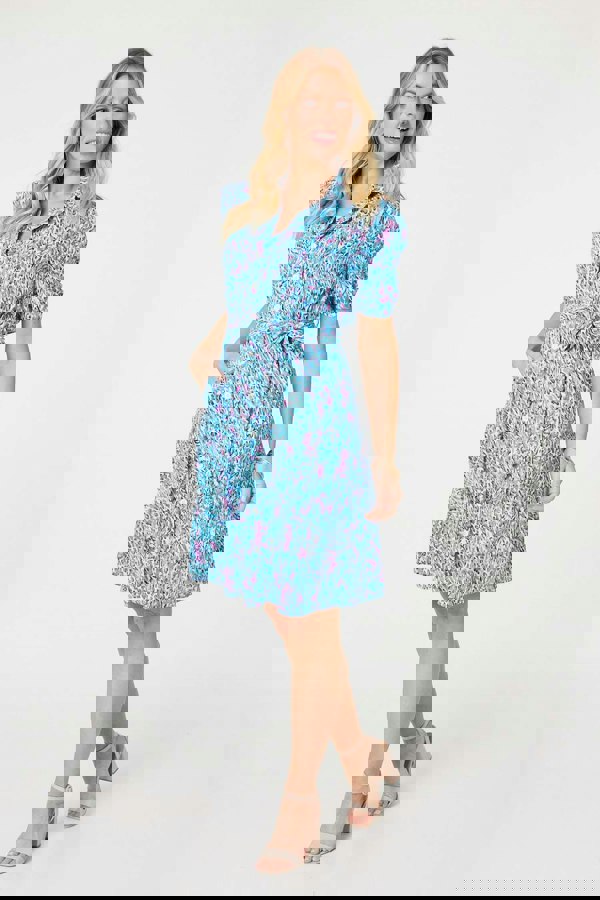 Blue | Printed Tie Waist Short Shirt Dress