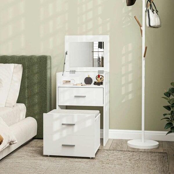 Vanity Desk with Mirror, Modern Dressing Table and Stool w/2 Drawers, Wheels, Flip-Up Mirror, Shelf, White