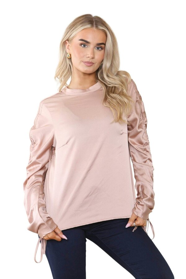 Elaina Fashion Women's Dusty Rose Gold Long Ruched Drawstring Sleeve Crew Round Neck Top 