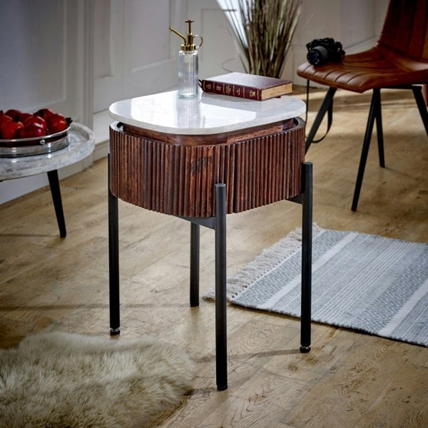 IH Design Miel Mango Wood Bedside Table With Marble Top & Metal Legs