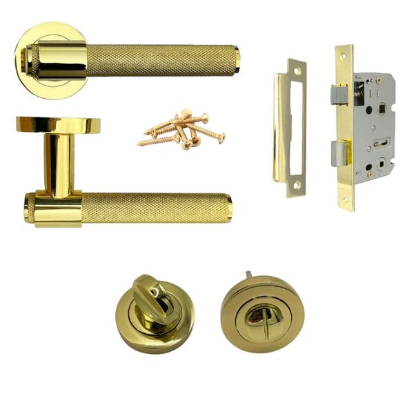 EDH Door Hardware Knurled Polished Brass Door Handles – Internal Lever Handle Packs with Fixings