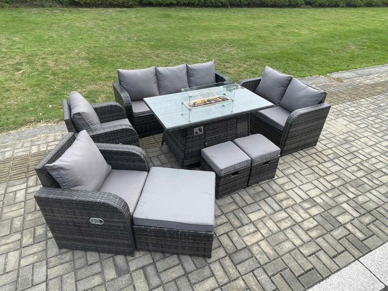 Fimous Rattan Outdoor Garden Furniture Set with Gas Fire Pit Table, 2 Sofas, 2 Chairs, 3 Footstools - 10 Seater - Dark Grey