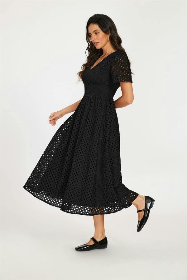 FS Collection Broderie Anglaise Midi Dress In Black